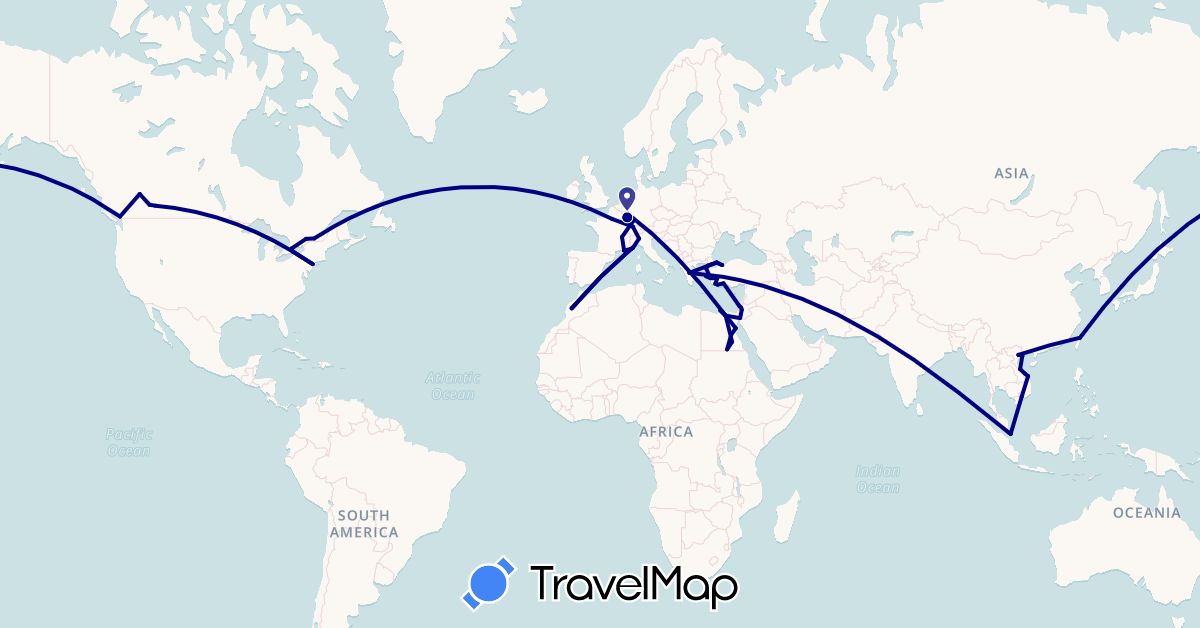 TravelMap itinerary: driving in Canada, Switzerland, Egypt, France, Greece, Israel, Italy, Luxembourg, Morocco, Monaco, Palestinian Territories, Singapore, Turkey, Taiwan, United States, Vietnam (Africa, Asia, Europe, North America)